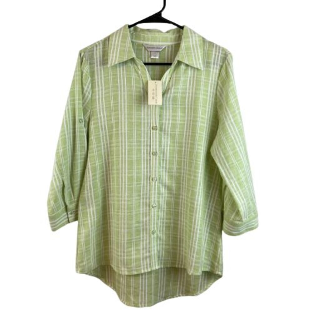 Christopher & Banks Small Green Plaid Button Down Roll Tab Sleeve Linen Shirt